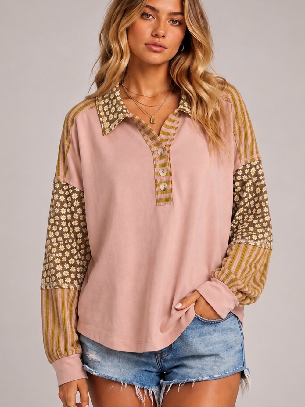 Pink French terry floral sleeve contrast sweatshirt boho sweater Henley top
